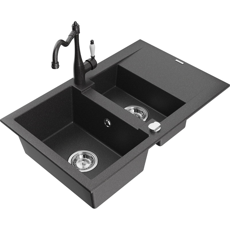 Mexen Gaspar granitspüle 1,5-beckig mit abtropffläche und küchenarmatur Carla, schwarz gesprenkelt - 6507-76-670700-76