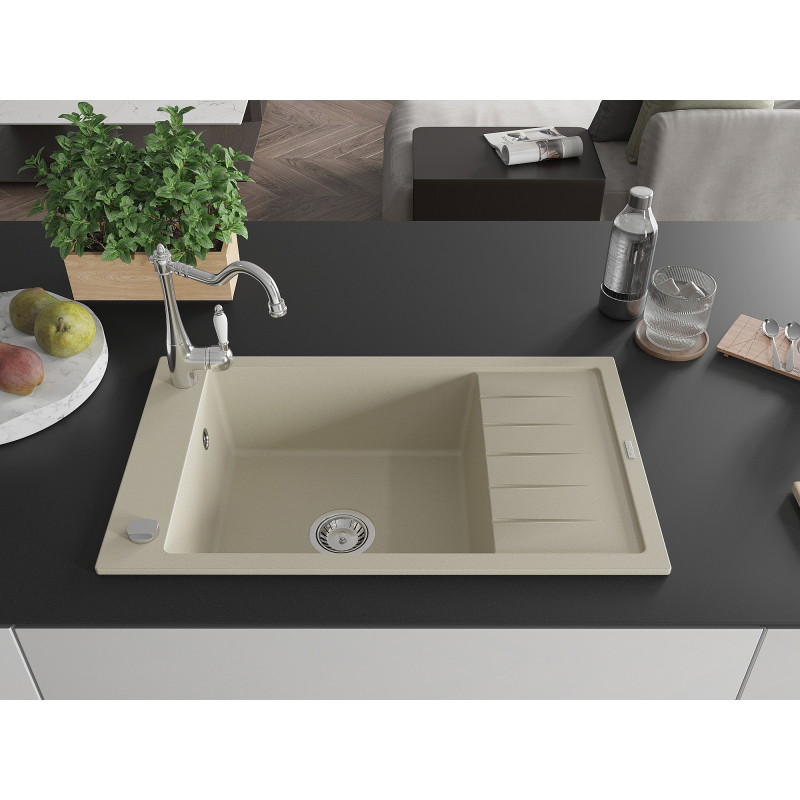 Mexen Elias Granitspüle 1-beckig mit Abtropffläche und Küchenarmatur Carla, beige - 6511-69-670700-00