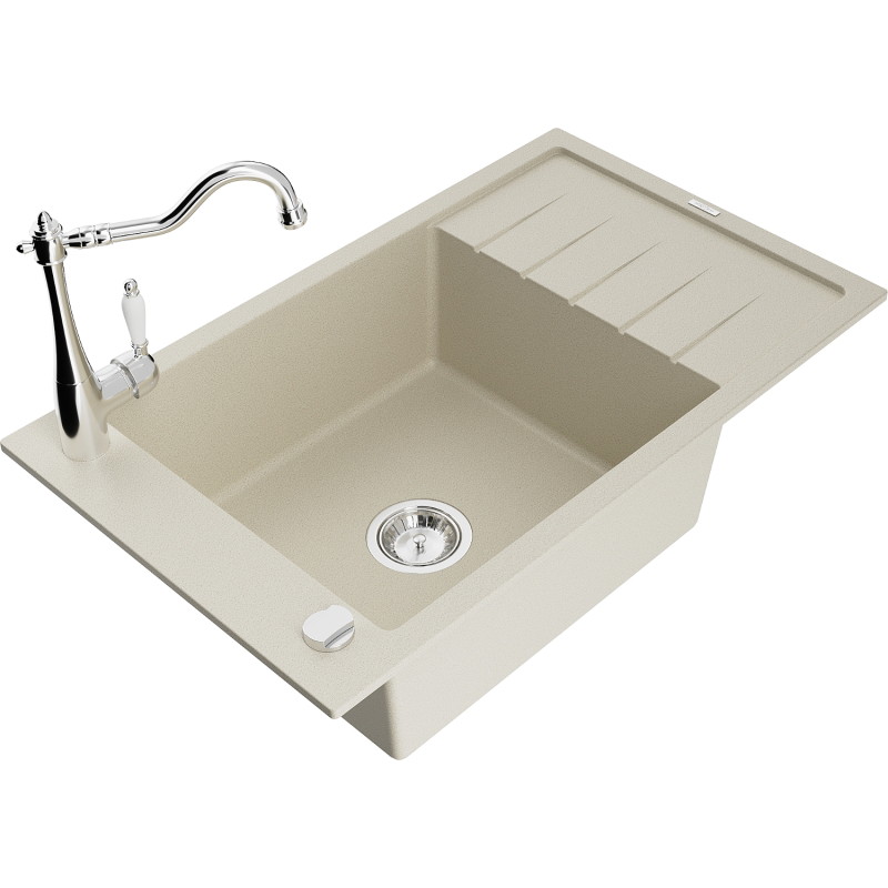 Mexen Elias Granitspüle 1-beckig mit Abtropffläche und Küchenarmatur Carla, beige - 6511-69-670700-00