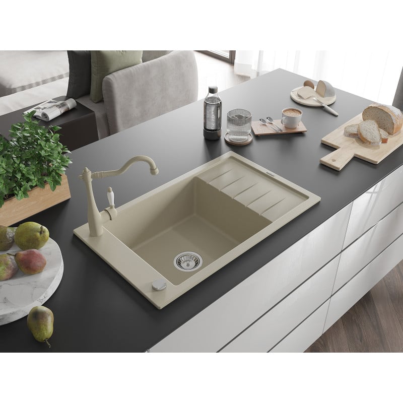 Mexen Elias Granitspüle 1-fach mit Abtropffläche und Küchenarmatur Carla, beige - 6511-69-670700-69