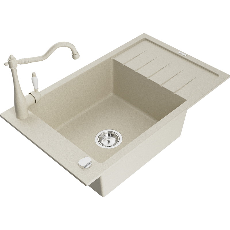 Mexen Elias 1-kommeriger Granitspülbecken mit Abtropffläche und Küchenarmatur Carla, beige - 6511-69-670700-69