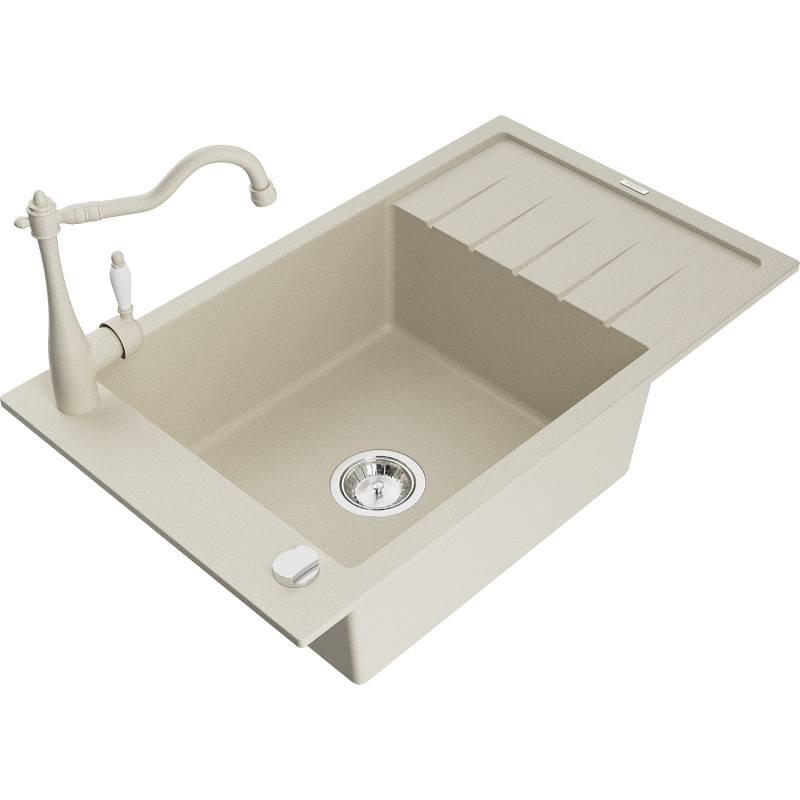 Mexen Elias Granitspüle 1-fach mit Abtropffläche und Küchenarmatur Carla, beige - 6511-69-670700-69