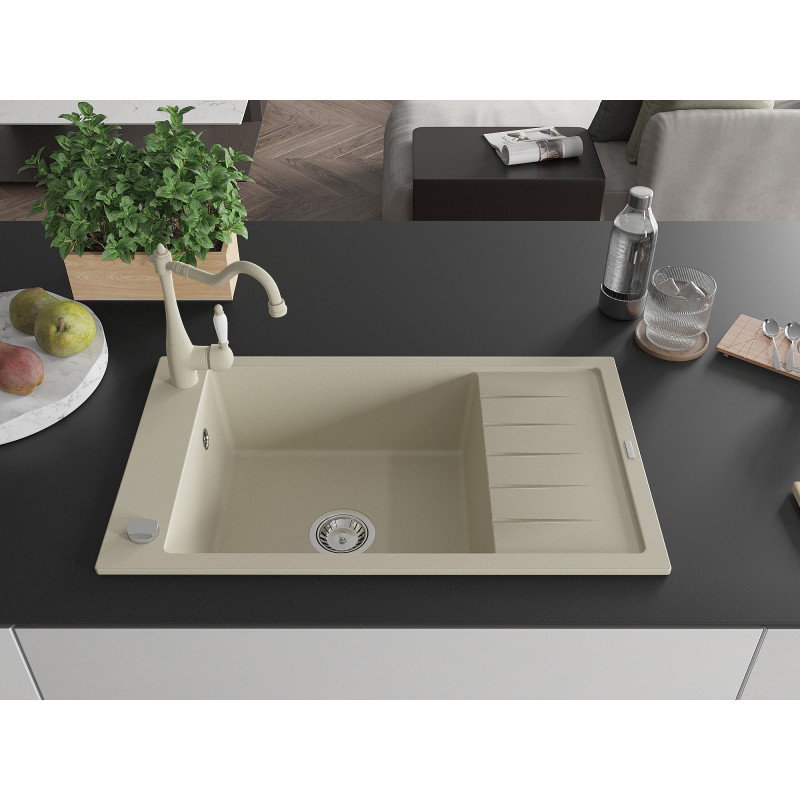 Mexen Elias 1-kommeriger Granitspülbecken mit Abtropffläche und Küchenarmatur Carla, beige - 6511-69-670700-69