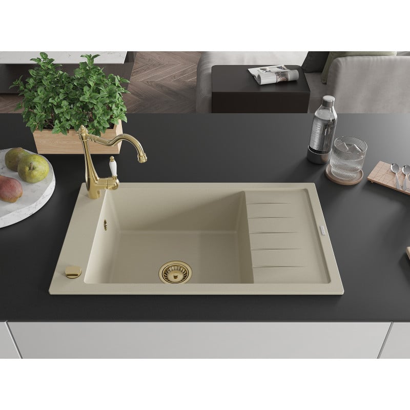 Mexen Elias Granitspüle 1-beckig mit Abtropffläche und Küchenarmatur Carla, beige - 6511-69-670700-50