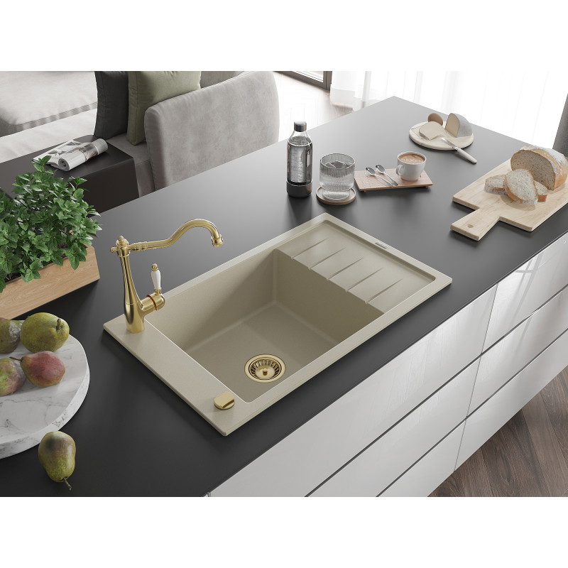 Mexen Elias Granitspüle 1-beckig mit Abtropffläche und Küchenarmatur Carla, beige - 6511-69-670700-50