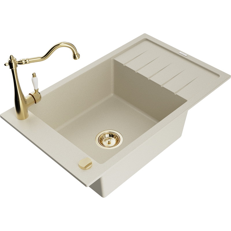 Mexen Elias Granitspüle 1-Becken mit Abtropffläche und Küchenarmatur Carla, beige - 6511-69-670700-50