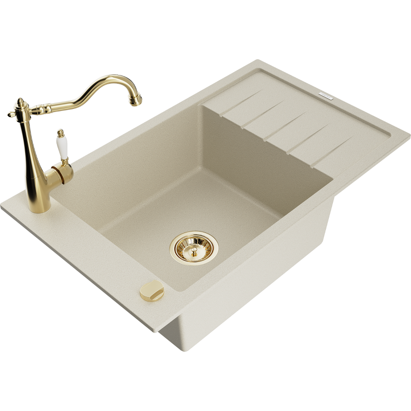 Mexen Elias Granitspüle 1-beckig mit Abtropffläche und Küchenarmatur Carla, beige - 6511-69-670700-50