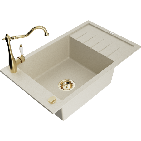 Mexen Elias Granitspüle 1-beckig mit Abtropffläche und Küchenarmatur Carla, beige - 6511-69-670700-50