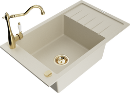 Mexen Elias Granitspüle 1-beckig mit Abtropffläche und Küchenarmatur Carla, beige - 6511-69-670700-50