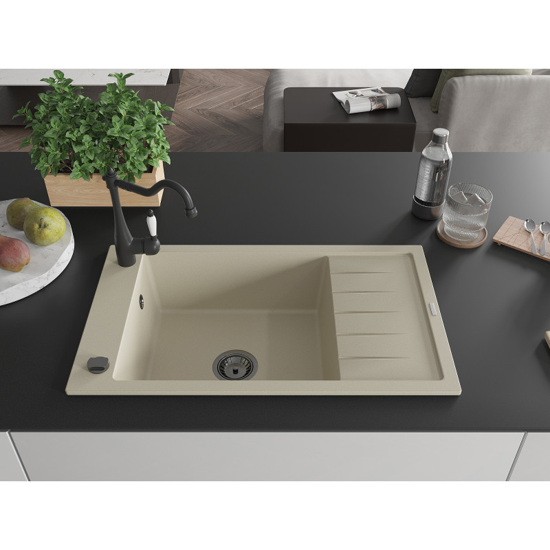 Mexen Elias Granitspüle 1-Becken mit Abtropffläche und Küchenarmatur Carla, beige - 6511-69-670700-70