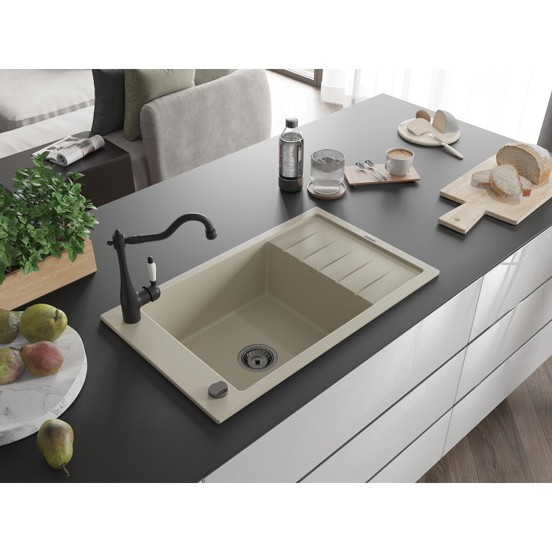 Mexen Elias Granitspüle 1-Becken mit Abtropffläche und Küchenarmatur Carla, beige - 6511-69-670700-70
