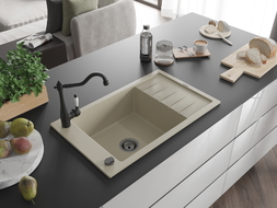 Mexen Elias Granitspüle 1-Becken mit Abtropffläche und Küchenarmatur Carla, beige - 6511-69-670700-70