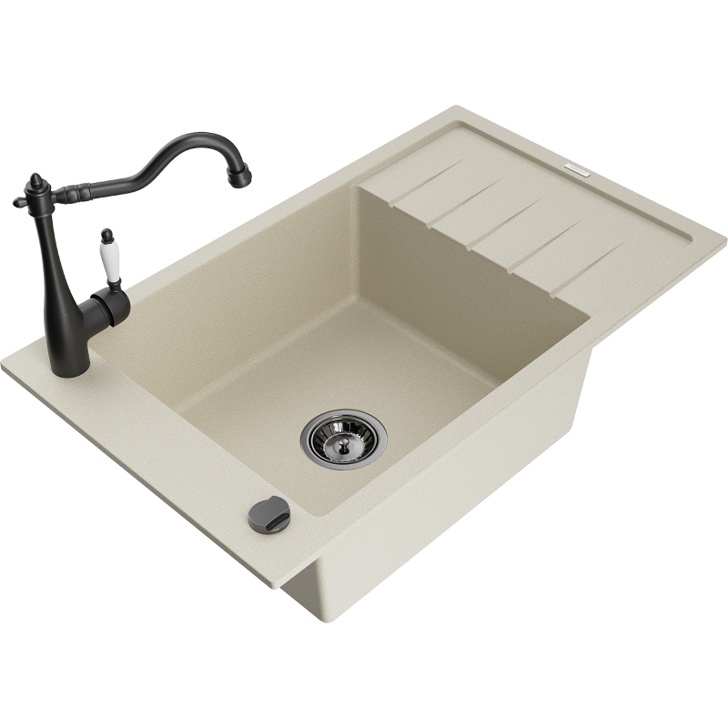 Mexen Elias Granitspüle 1-Becken mit Abtropffläche und Küchenarmatur Carla, beige - 6511-69-670700-70