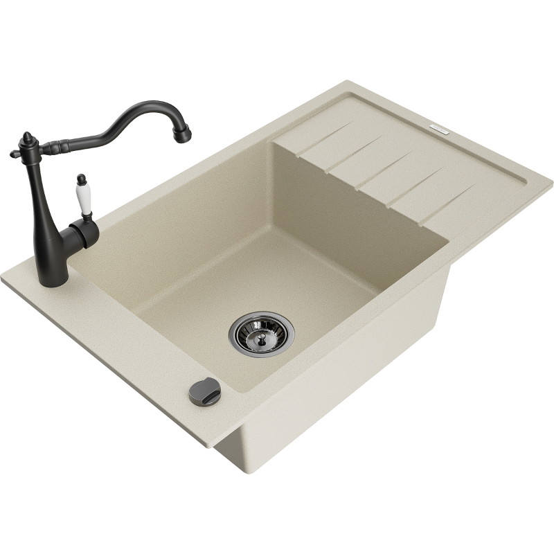 Mexen Elias Granitspüle 1-beckig mit Abtropffläche und Küchenarmatur Carla, beige - 6511-69-670700-70