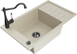 Mexen Elias Granitspüle 1-Becken mit Abtropffläche und Küchenarmatur Carla, beige - 6511-69-670700-70