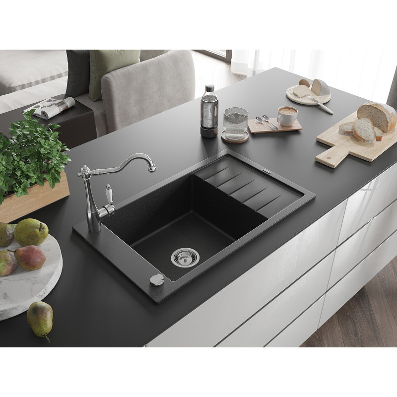 Mexen Elias Granitspüle 1-beckig mit Abtropffläche und Küchenarmatur Carla, schwarz/silber metallic - 6511-73-670700-00