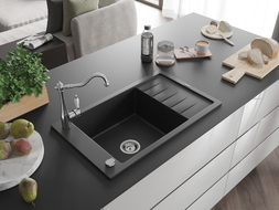 Mexen Elias Granitspüle 1-beckig mit Abtropffläche und Küchenarmatur Carla, schwarz/silber metallic - 6511-73-670700-00