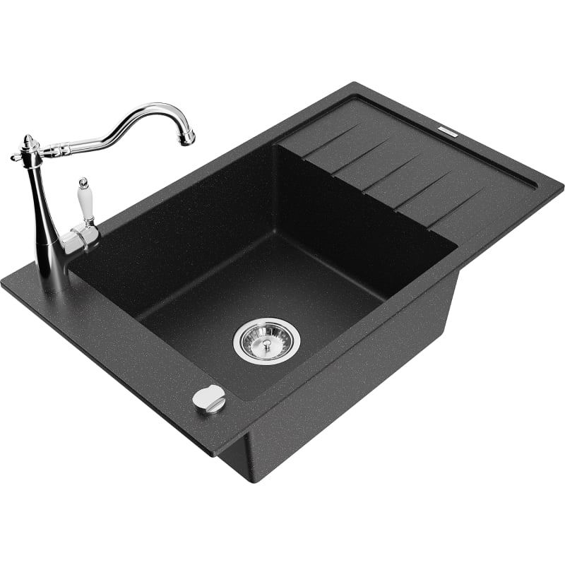 Mexen Elias Granitspüle 1-becken mit Abtropffläche und Küchenarmatur Carla, schwarz/silber metallic - 6511-73-670700-00