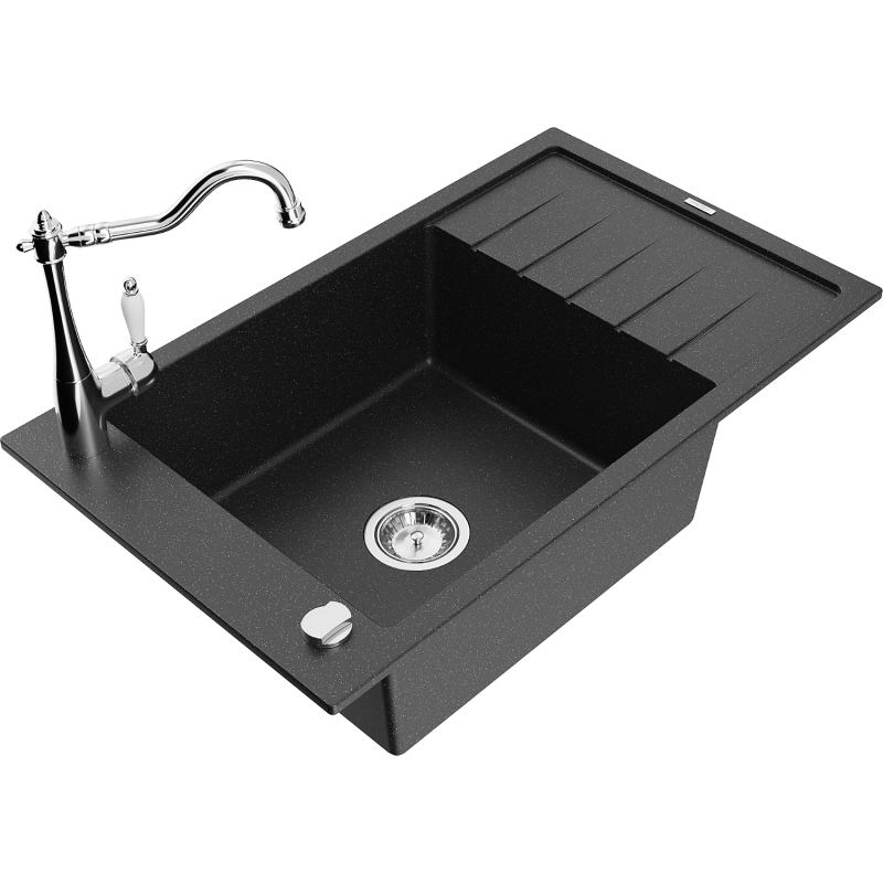 Mexen Elias Granitspüle 1-beckig mit Abtropffläche und Küchenarmatur Carla, schwarz/silber metallic - 6511-73-670700-00