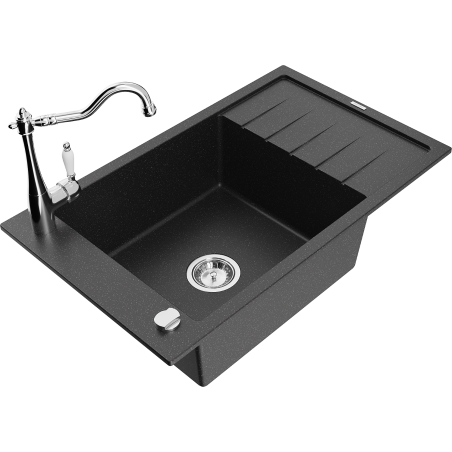 Mexen Elias Granitspüle 1-beckig mit Abtropffläche und Küchenarmatur Carla, schwarz/silber metallic - 6511-73-670700-00