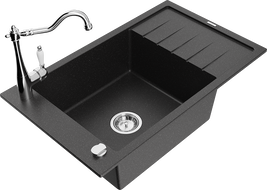 Mexen Elias Granitspüle 1-beckig mit Abtropffläche und Küchenarmatur Carla, schwarz/silber metallic - 6511-73-670700-00