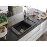 Mexen Elias Granitspüle 1-Becken mit Abtropffläche und Küchenarmatur Carla, schwarz/silber metallic - 6511-73-670700-50