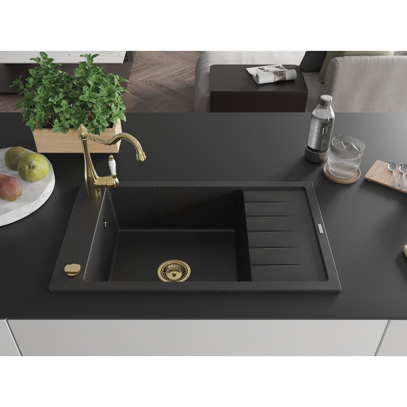 Mexen Elias Granitspüle 1-Becken mit Abtropffläche und Küchenarmatur Carla, schwarz/silber metallic - 6511-73-670700-50