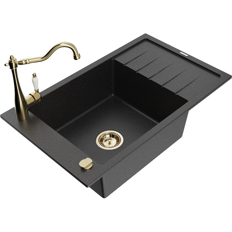 Mexen Elias Granitspüle 1-Becken mit Abtropffläche und Küchenarmatur Carla, schwarz/silber metallic - 6511-73-670700-50