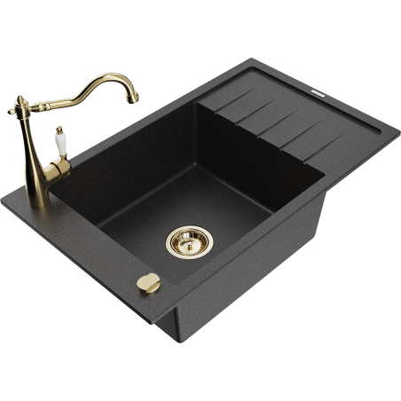 Mexen Elias Granitspüle 1-Becken mit Abtropffläche und Küchenarmatur Carla, schwarz/silber metallic - 6511-73-670700-50