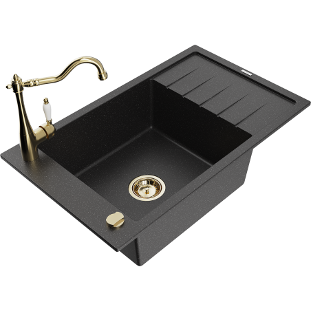 Mexen Elias Granitspüle einteilig mit Abtropffläche und Küchenarmatur Carla, schwarz/silber metallic - 6511-73-670700-50