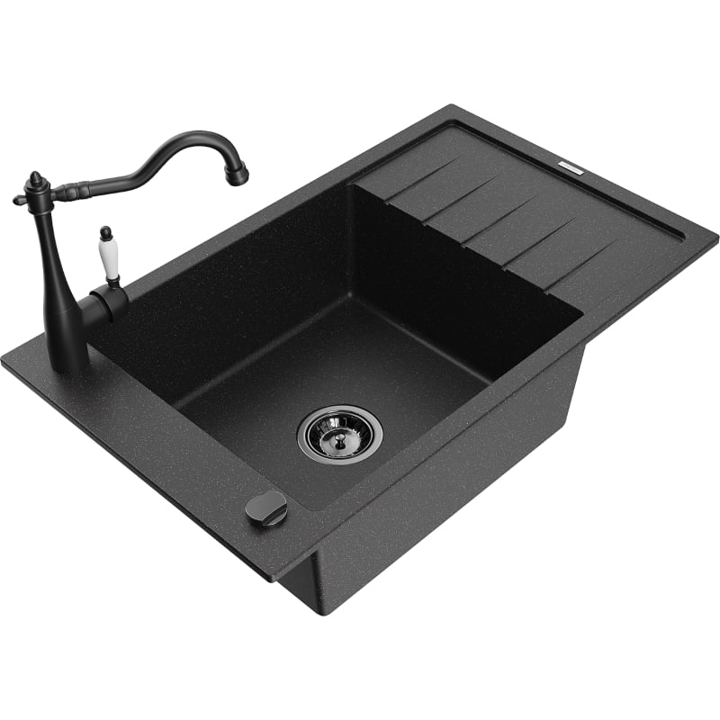 Mexen Elias Granitspüle 1-beckig mit Abtropffläche und Küchenarmatur Carla, schwarz/silber metallic - 6511-73-670700-70-B