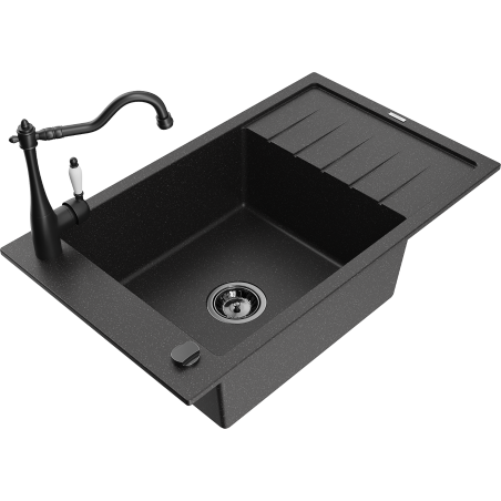 Mexen Elias granitspüle 1-becken mit abtropffläche und Küchenarmatur Carla, schwarz/silber-metallic - 6511-73-670700-70-B