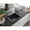 Mexen Elias Granitspüle 1-Becken mit Abtropffläche und Küchenarmatur Carla, schwarz/silber Metallic - 6511-73-670700-70