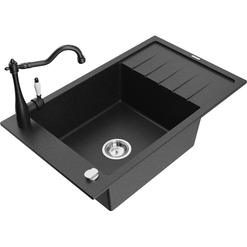 Mexen Elias Granitspüle 1-Becken mit Abtropffläche und Küchenarmatur Carla, schwarz/silber Metallic - 6511-73-670700-70