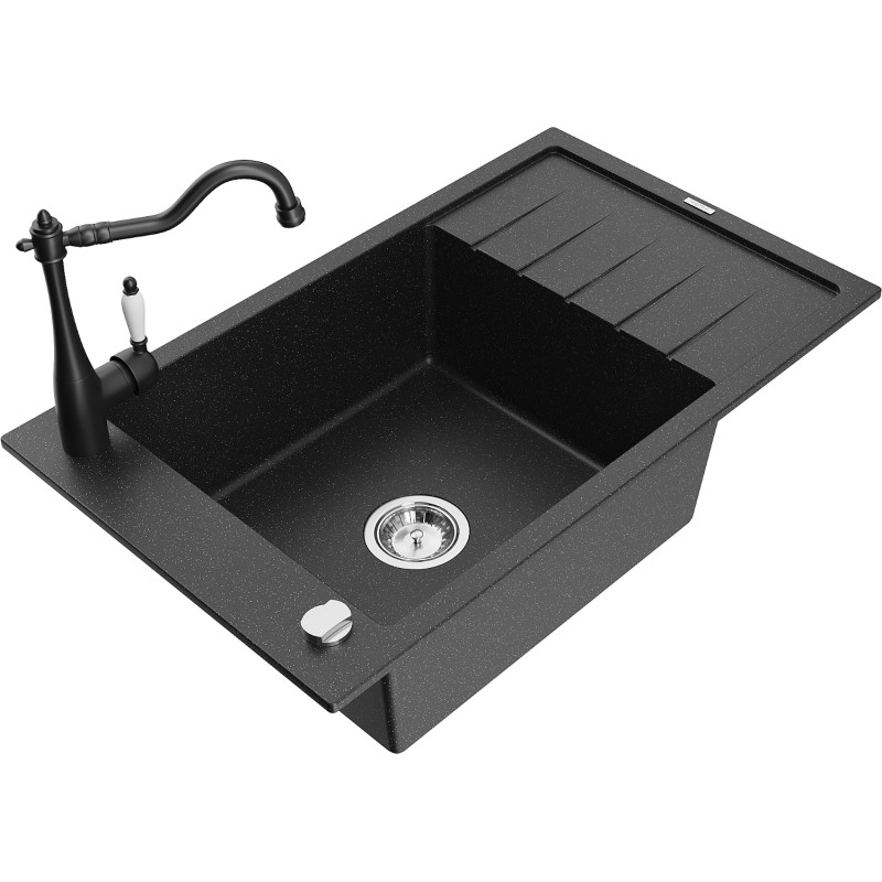 Mexen Elias Granitspüle 1-beckig mit Abtropffläche und Küchenarmatur Carla, schwarz/silber metallic - 6511-73-670700-70
