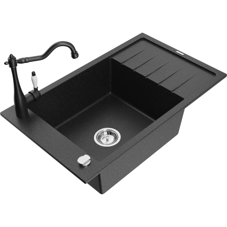 Mexen Elias Granitspüle 1-Becken mit Abtropffläche und Küchenarmatur Carla, schwarz/silber Metallic - 6511-73-670700-70