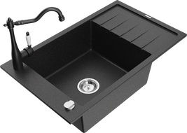 Mexen Elias Granitspüle 1-Becken mit Abtropffläche und Küchenarmatur Carla, schwarz/silber Metallic - 6511-73-670700-70