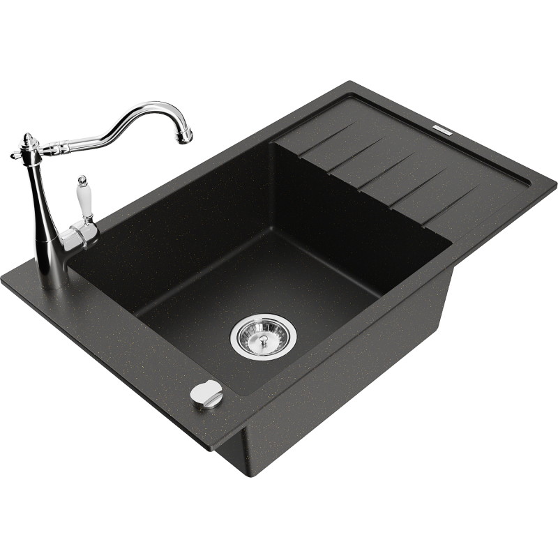 Mexen Elias Granitspüle 1-Becken mit Abtropffläche und Küchenarmatur Carla, schwarz/gold-metallisch - 6511-75-670700-00
