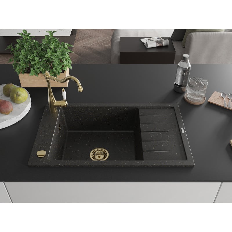 Mexen Elias Granitspüle 1-beckig mit Abtropffläche und Küchenarmatur Carla, schwarz/gold-metallic - 6511-75-670700-50