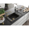 Mexen Elias Granitspüle 1-beckig mit Abtropffläche und Küchenarmatur Carla, schwarz/gold-metallic - 6511-75-670700-50