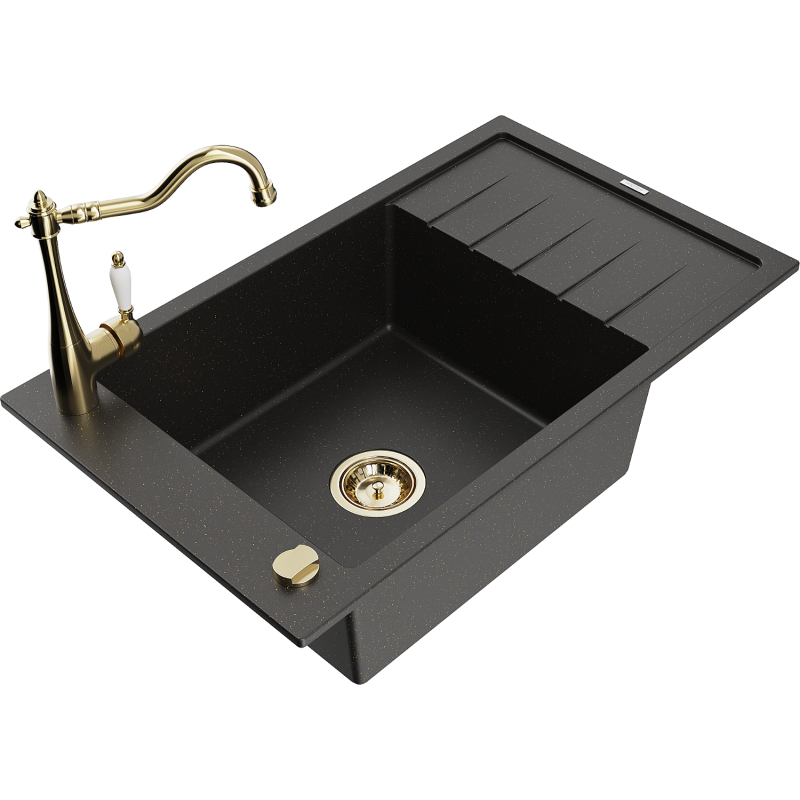Mexen Elias Granitspüle 1-beckig mit Abtropffläche und Küchenarmatur Carla, schwarz/gold-metallic - 6511-75-670700-50