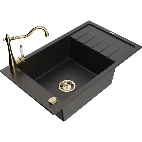 Mexen Elias Granitspüle 1-beckig mit Abtropffläche und Küchenarmatur Carla, schwarz/gold-metallic - 6511-75-670700-50