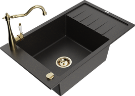 Mexen Elias Granitspüle 1-beckig mit Abtropffläche und Küchenarmatur Carla, schwarz/gold-metallic - 6511-75-670700-50