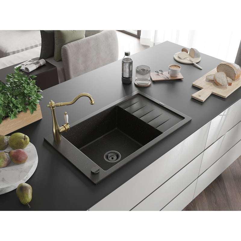 Mexen Elias 1-Komponenten-Granitspüle mit Abtropffläche und Küchenarmatur Carla, schwarz/gold metallisch - 6511-75-670700-50-B