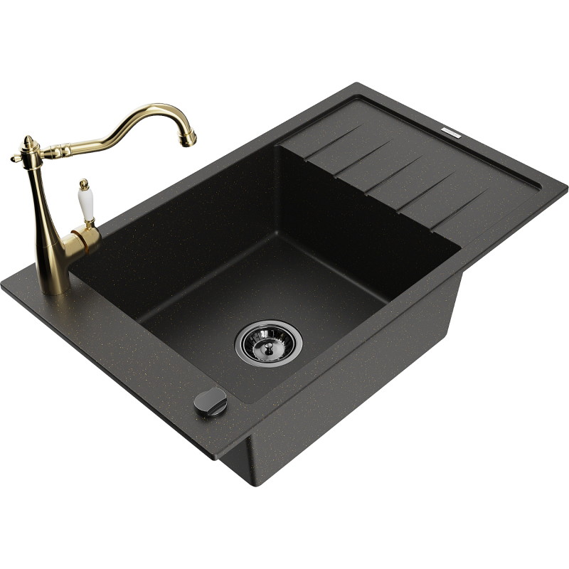 Mexen Elias Granitspüle 1-Becken mit Abtropffläche und Küchenarmatur Carla, Schwarz/Gold Metallic - 6511-75-670700-50-B