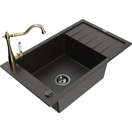 Mexen Elias Granitspüle, 1-beckig mit Abtropffläche und Küchenarmatur Carla, schwarz/gold metallic - 6511-75-670700-50-B