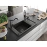 Mexen Elias Granitspüle 1-Becken mit Abtropffläche und Küchenarmatur Carla, schwarz/gold metallic - 6511-75-670700-70-B