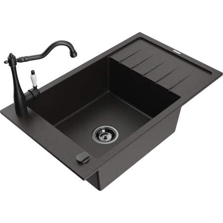 Mexen Elias Granitspüle 1-Becken mit Abtropffläche und Küchenarmatur Carla, schwarz/gold metallic - 6511-75-670700-70-B