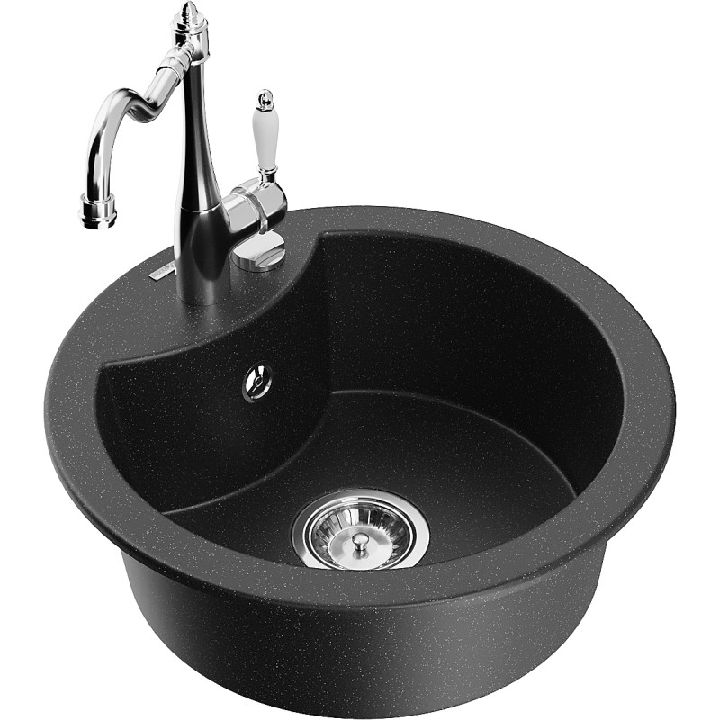 Mexen Diego granitspüle mit 1 becken und küchenarmatur Carla, schwarz/silber metallic - 6512-73-670700-00