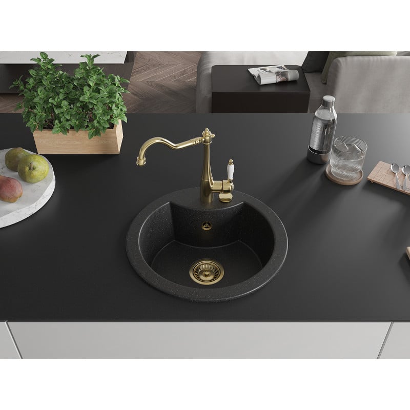 Mexen Diego Granitspüle 1-Becken mit Küchenarmatur Carla, schwarz/silber Metallic - 6512-73-670700-50